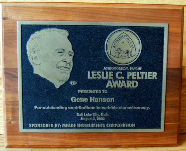 Gene Hanson's Peltier Award Plague