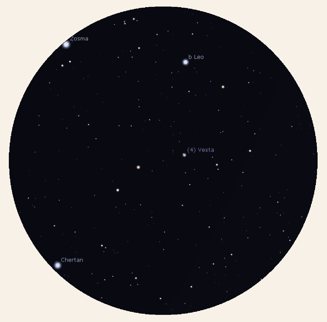Vesta position, 7X50 7 degree binocular view - Stellarium.