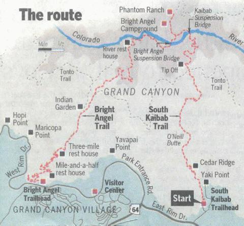 South Kaibab to Bright Angel map