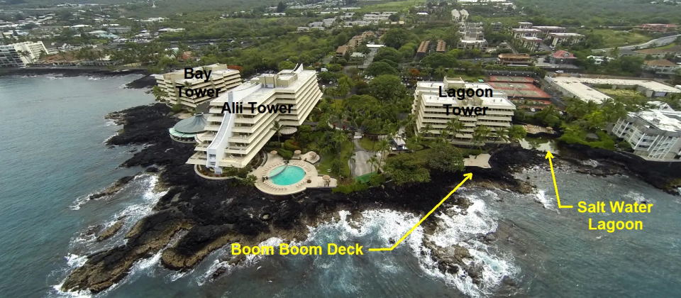 Royal Kona Resort - Towers, Lagoon, and Boom Boom Deck loations.