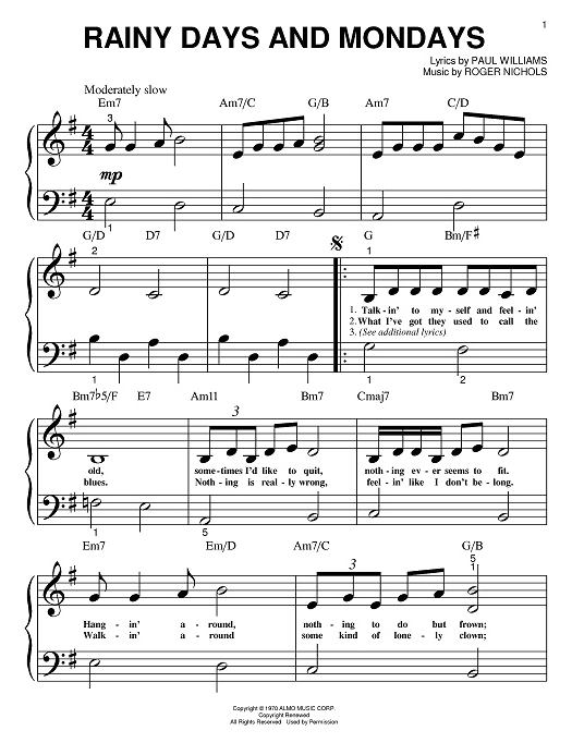 Rainy Days and Mondays Sheet Music with chords